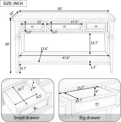 Miniatura 2 de Mesa consola de 50 pulgadas, estilo retro clásico, con 3 cajones de almacenamiento y estante inferior, mesa auxiliar estrecha de madera maciza