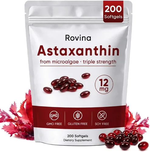 Rovina Astaxantina Cápsulas blandas de 12 mg – Astaxantina premium de microalgas, triple fuerza, apoyo inmunológico, sin OMG y sin gluten, 200