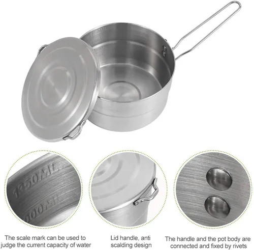 Miniatura 8 de DenpenTEC - Olla de acero inoxidable con tapa y mango plegable, olla Bento de gran capacidad de 1.5 L para acampar y senderismo
