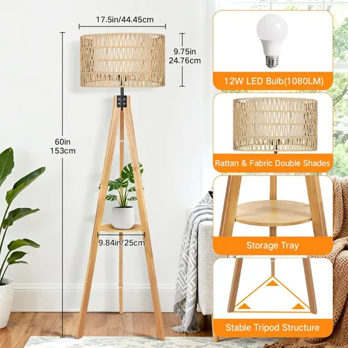 Miniatura 31 de OUTON - Lámpara de pie de trípode de madera con estantes, lámpara de pie de mediados de siglo con control remoto, 4 temperaturas de color, lámpara