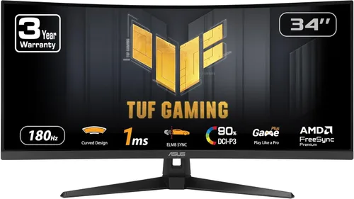 ASUS TUF Gaming VG34VQ3B – Monitor curvo ultraamplio de 34” – 21:9 QHD (3440x1440), 180Hz, 1ms, Extreme Low Motion Blur Sync, FreeSync Premium,
