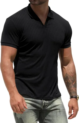 NITAGUT Camisas polo para hombre con cuello en V, ajuste delgado, manga corta, rendimiento de golf, camisetas suaves de punto