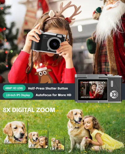 Miniatura 2 de Cámara para niños, cámara digital 4K para fotografía, cámara de video selfie HD 1080P de 48MP, con pantalla giratoria de 180° y flash, con tarjeta