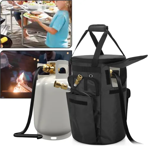 Miniatura 7 de samdew Funda para tanque de propano, bolsa de tanque de gas propano de 20 libras con solapa lateral abatible y función de mesa estable, 2 bolsillos