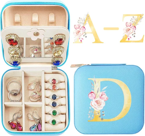 Joyero de viaje con monograma, organizador de joyero azul pequeño con espejo, artículos esenciales para vacaciones, regalos de cumpleaños para