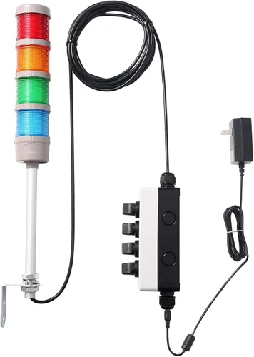 Miniatura 4 de Luz de señal LED Andon de 4 pilas con zumbador, rojo/amarillo/verde/azul, encendido/apagado/flash, interruptor selector ABB, adaptador de corriente