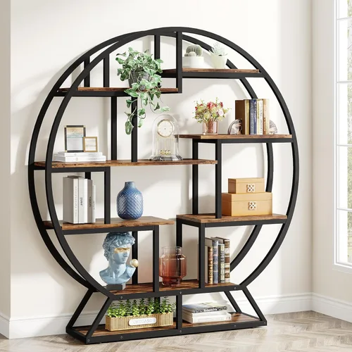 Miniatura 3 de Tribesigns Estantería redonda Etagere, estantería de madera industrial de 63 pulgadas con estantes escalonados, estante organizador de estantes Gris