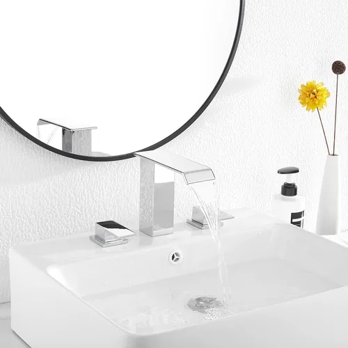 Miniatura 9 de Grifo de baño cromado con cascada de 3 agujeros, 2 manijas, polisehd, cascada cromada, moderna, con drenaje desplegable Cromo