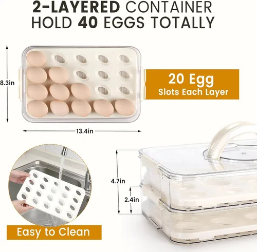 Miniatura 2 de Recipientes de huevos con tapa de 2 capas con tapa, bandeja de plástico para huevos con asa para 40 huevos, almacenamiento portátil transparente