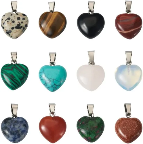 FASHEWELRY 48 colgantes de piedra en forma de corazón, 12 estilos mezclados, naturales y sintéticos, dijes de cristal de chakra curativo para hacer