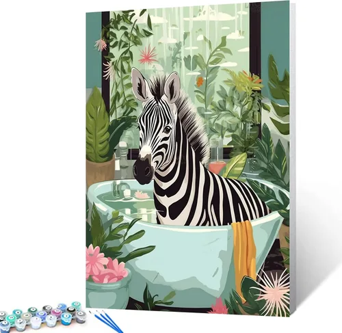 Miniatura 2 de Pintura por números para adultos, baño, animales, bricolaje, pintura al óleo digital, pintura acrílica, cebra, arte de pared, hojas verdes, bañera