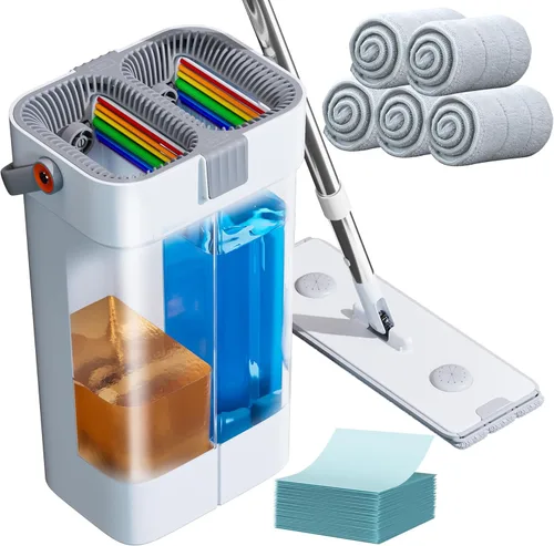 Juego de trapeador y cubeta, sistema de fregona plana y cubo, cubo de fregona con escurridor, mopa de pared con mango ajustable (máximo 61
