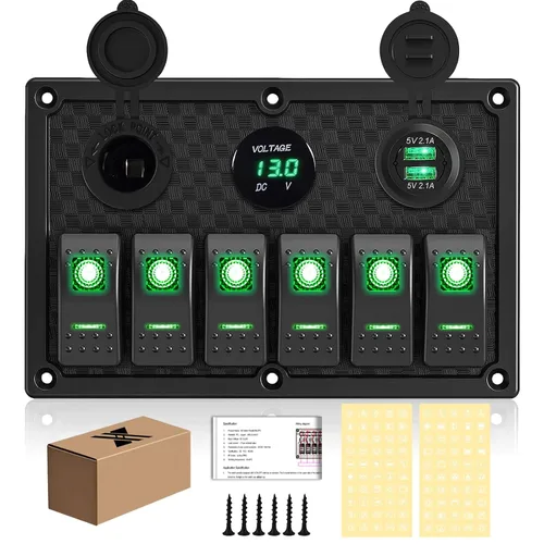 Miniatura 23 de Panel de Interruptores de Palanca Impermeable de 8 Posiciones con Cargador USB Dual y Voltímetro - Protección contra Sobrecarga para RV, Marina