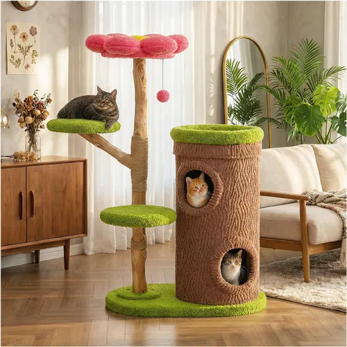 Miniatura 10 de PETEPELA Árbol Rascador Torre Moderno para Gatos Grandes con Percha de Flores, Postes Rascadores de Madera Maciza Natural, Árbol para Gatos Bohemio