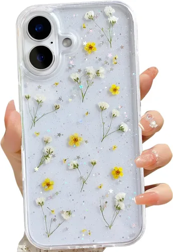 Miniatura 15 de LSEEKA Funda transparente para iPhone 13 Mini/iPhone 12 Mini con diseño de flores reales prensadas, con purpurina, bonito patrón floral blanco, Oro