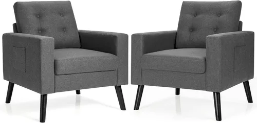 Miniatura 11 de Giantex Silla decorativa moderna, sillón tapizado de mediados de siglo con patas de madera de goma, tela de lino patentada, sofá individual