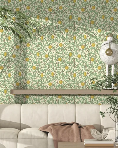 Miniatura 4 de Papel tapiz de limón para despegar y pegar, color beige y verde, 17.3 x 78.8 pulgadas, papel de pared autoadhesivo extraíble, papel de contacto