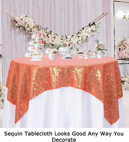 Miniatura 6 de ShinyBeauty Mantel cuadrado naranja de 50 x 50 pulgadas, mantel de lentejuelas para decoración de cumpleaños, mantel cuadrado brillante para mesa