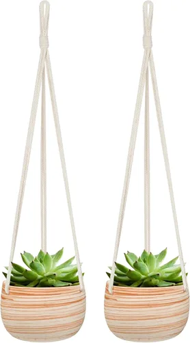 Mkono Maceta colgante de cerámica de macramé de 5 pulgadas, bonita maceta de cactus suculenta con colgador de cuerda de algodón para decoración de