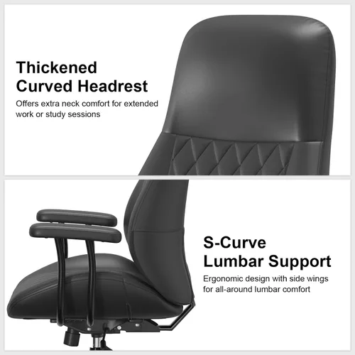 Miniatura 8 de E-Ser Silla de escritorio de cuero, silla de oficina moderna de mediados de siglo, negro Soporte lumbar, ergonómico, giratorio de 360°, ruedas