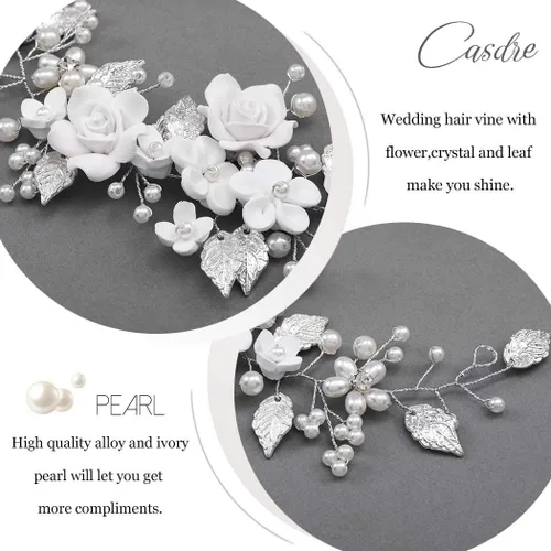 Miniatura 4 de CASDRE - Diadema de novia con flores y perlas para el pelo, accesorio para el pelo de novia con hojas, pieza para el cabello para mujeres y niñas