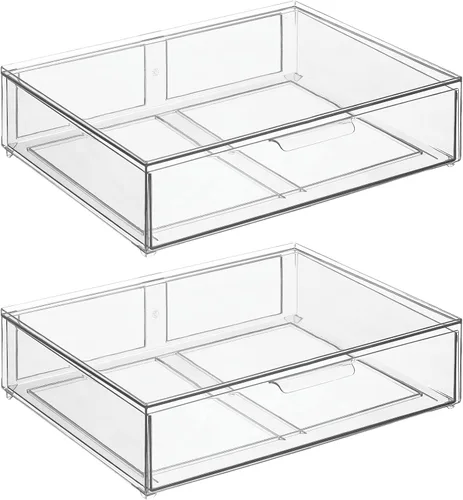 Miniatura 9 de mDesign Contenedor organizador de almacenamiento de baño apilable de plástico ancho con cajón extraíble para gabinete, tocador, estante, armario
