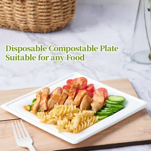 Miniatura 6 de ECOLipak 150 Piezas Platos Cuadrados Compostables, Platos de Papel Desechables de Caña de Azúcar Biodegradables Ecológicos de Alta Resistencia de 6