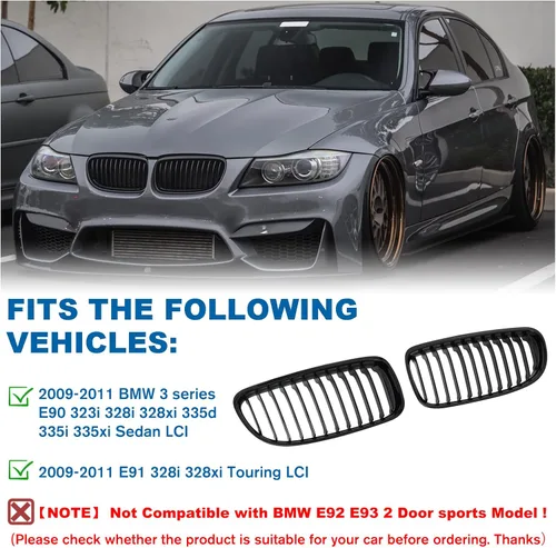 Miniatura 2 de Parrilla E90 – Rejilla negra de riñón individual compatible con BMW serie 3 E90 2009-2011 323i 328i 328xi 335d 335i 335xi Sedan LCI, E91 328i 328xi