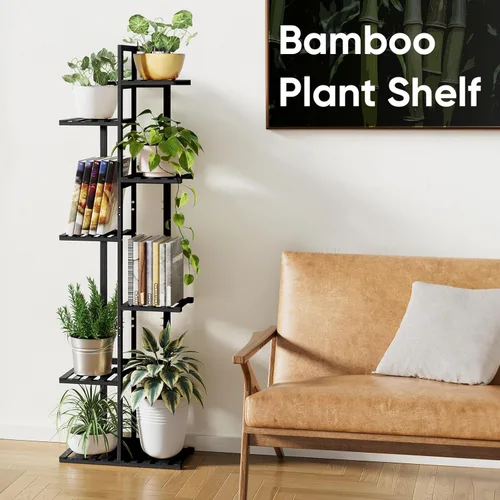 Miniatura 6 de ROSSNY Soporte para Plantas de Interior de 55 Pulgadas de Alto, 7 Niveles 8 Macetas Soporte de Bambú para Plantas de Interior, Soporte de Plantas