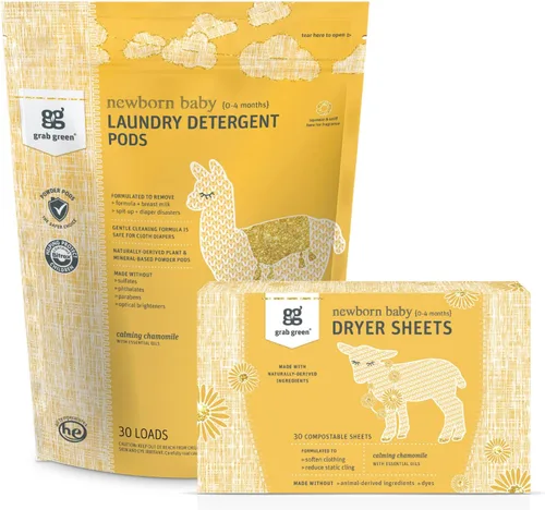 Grab Green Paquete de cápsulas de detergente para ropa de bebé recién nacido, 30 cápsulas y 40 hojas de secadora, aroma calmante a manzanilla, juego