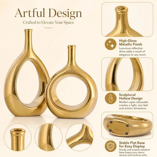 Miniatura 6 de Juego de 2 jarrones de cerámica dorados brillantes, jarrón moderno hueco circular con agujero para decoración del hogar, para centros de mesa, Oro