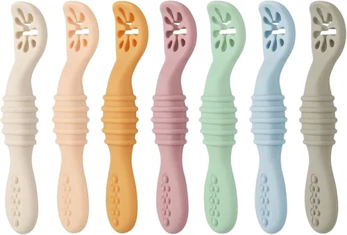 Miniatura 4 de PandaEar Paquete de 7 cucharas para bebé, utensilios de autoalimentación de silicona suave para bebés y niños pequeños, cuchara de entrenamiento