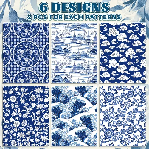 Miniatura 3 de Whaline 12 hojas de papel de regalo chinoiserie azul de 19.7 x 27.6 pulgadas, papel de regalo floral de porcelana de paisaje chino clásico, papel