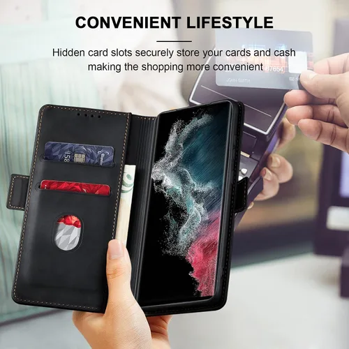 Miniatura 6 de Jasonyu Funda tipo cartera con tapa para Samsung Galaxy S22 Ultra 5G, funda magnética de cuero con tarjetero, función atril, funda protectora Negro