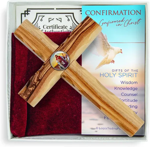 Miniatura 3 de Cruz de sacramento de bautismo para niños, juego de regalo en caja con certificado de autenticidad, tarjeta de oración y bolsa de terciopelo, madera