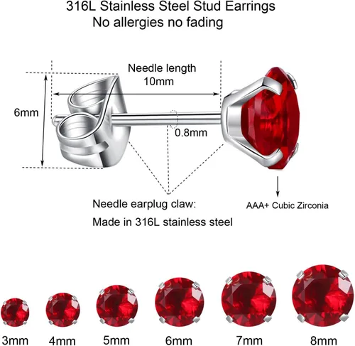 Miniatura 2 de Juego de 6 pares de aretes tipo dormilona hipoalergénicos con circonita cúbica de acero inoxidable 316L, 0.118-0.315 in