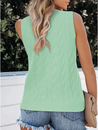 Miniatura 2 de Fisoew Chaleco de punto vintage sin mangas con cuello en V para mujer, estilo preppy casual