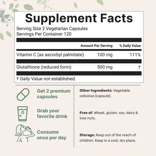 Miniatura 2 de Micro Ingredients Glutatión de 500 mg con suplemento de vitamina C de 100 mg, 240 cápsulas vegetales Glutatión reducido + complejo de palmitato