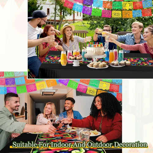 Miniatura 7 de Preboun Mantel de plástico mexicano y pancarta de papel picado mexicano, suministros de decoración de fiesta, cubierta de mesa para mesas