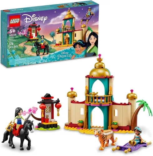 LEGO Disney Princess Jasmine and Mulan Adventure 43208 - Juego de palacio, juguete de construcción de Aladdin y Mulan con figuras de caballo y