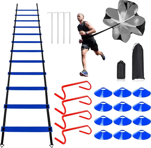 YEXEXINM Escalera de agilidad profesional de entrenamiento de velocidad, escalera de agilidad de 20 pies, 12 conos de fútbol, 4 obstáculos de Azul