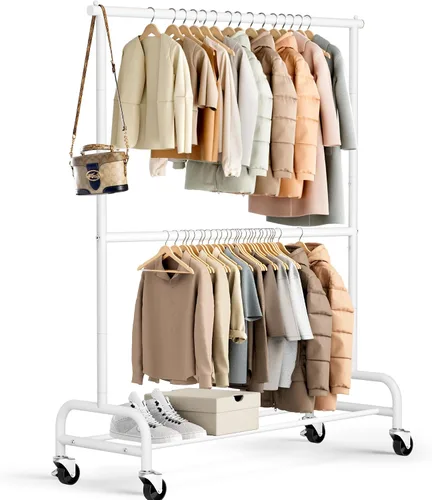 Miniatura 9 de MISSLO Perchero resistente para ropa con doble varilla para colgar, estante de ropa enrollable, armario de closet con ruedas, metal, ajustable, negro