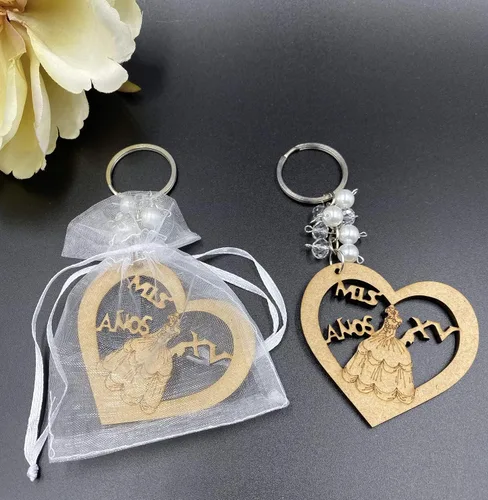 Miniatura 2 de YRP 12 piezas dulce 15 madera diseño llavero Quinceañera Recuerdos favores para niña con bolsas de organza