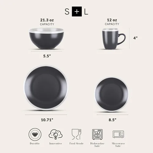 Miniatura 2 de Stone Lain Serenity - Vajilla de gres, servicio para 4, juego de platos y cuencos, vajilla de color gris oscuro y crema, apta para lavavajillas