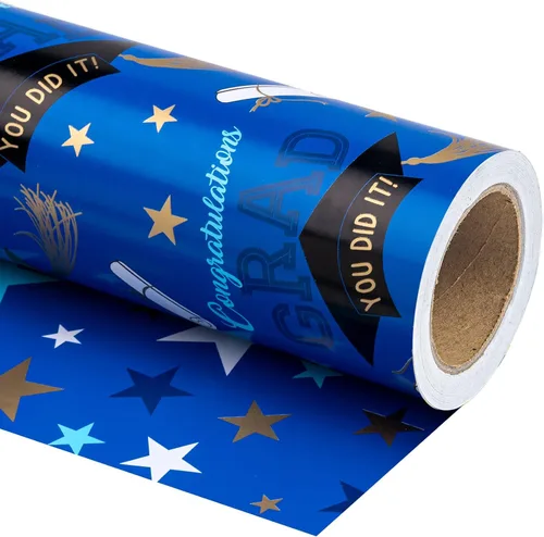 Miniatura 13 de WRAPAHOLIC Papel de regalo reversible de graduación, mini rollo, 17 pulgadas x 33 pies, tapa de zanjadora dorada negra y estrellas para fiestas
