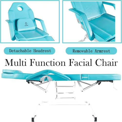Miniatura 8 de Silla facial, silla de tatuaje de 73 pulgadas para cliente, mesa de masaje ajustable de 3 secciones con taburete, camas de belleza multiusos