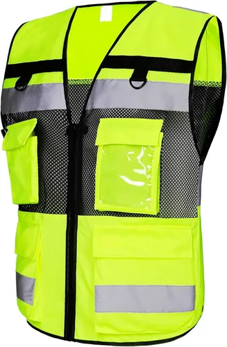 Miniatura 2 de Chaleco de seguridad reflectante de alta visibilidad, clase 2, 10 bolsillos, transpirable y forro de malla, ropa de trabajo (M-2XL, amarillo negro)