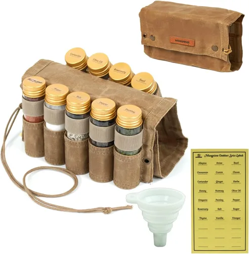 Kit de especias para acampar con 9 frascos de especias, cuerda, etiquetas adhesivas de especias, embudo plegable de silicona, contenedor de