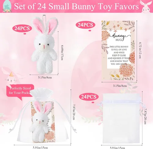 Miniatura 2 de Fuutreo 24 juegos de conejito de peluche para decoración de regalo, mini conejito de peluche con tarjetas de abrazo de agradecimiento, bolsas