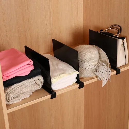 Miniatura 2 de Sooyee Paquete de 8 separadores de estantes acrílicos negros, perfectos para armarios, cocina, dormitorio, organización de estanterías para Violeta